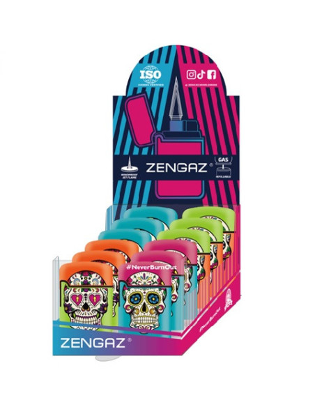 ENCENDEDOR ZENGAZ ZL03 JET FLAME DISENO MEXICAN SKULLS 12 UDS