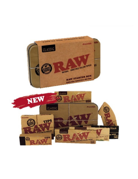 SET CAJITA METALICA RAW STARTER BOX 1 1/4 (MIX PAPELES Y TIPS)